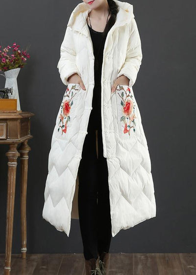Warm plus size womens parka winter outwear beige embroidery hooded duck down coat - bagstylebliss