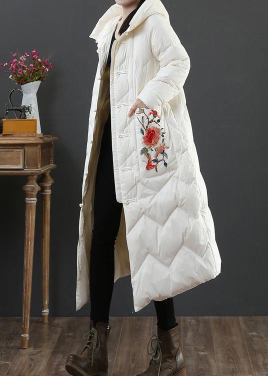 Warm plus size womens parka winter outwear beige embroidery hooded duck down coat - bagstylebliss