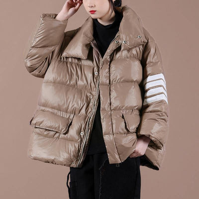 Warm snow jackets overcoat chocolate stand collar zippered goose Down coat - bagstylebliss