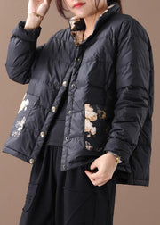 Warm women parka coats black patchwork print stand collar pockets warm winter coat - bagstylebliss