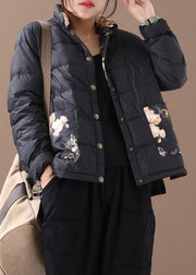 Warm women parka coats black patchwork print stand collar pockets warm winter coat - bagstylebliss
