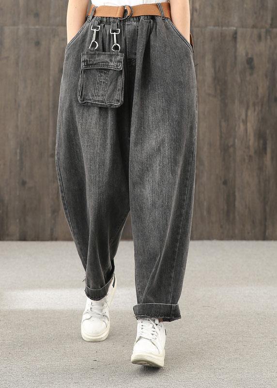 Washed denim black autumn casual trousers loose harem pants - bagstylebliss