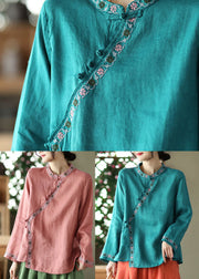 Watermelon Red Embroidered Floral Linen Shirt Long Sleeve