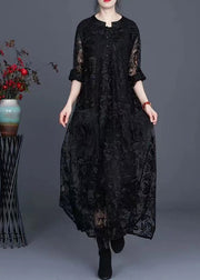 Italian Black Jacquard Long Lace Dress Casual Spring Maxi Dress