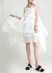 White Asymmetrical Design Patchwork Summer Tiered Party Dress Sleeveless - bagstylebliss