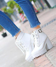 White Boots Cross Strap Chunky Boots - bagstylebliss