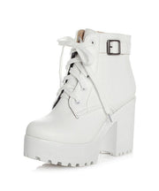White Boots Cross Strap Chunky Boots - bagstylebliss