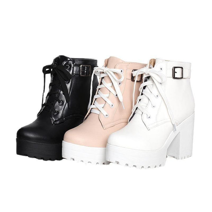 White Boots Cross Strap Chunky Boots - bagstylebliss