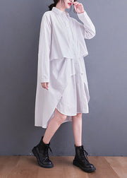 White Button Patchwork Cotton Shirts Dresses Asymmetrical Long Sleeve