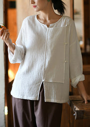 White Button Patchwork Cotton Top O Neck Long Sleeve