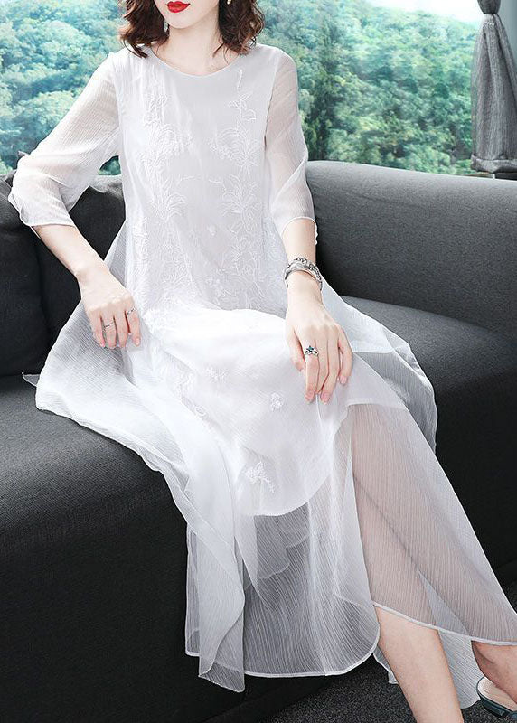 White Chiffon Long Dress Embroidered Asymmetrical Design Summer