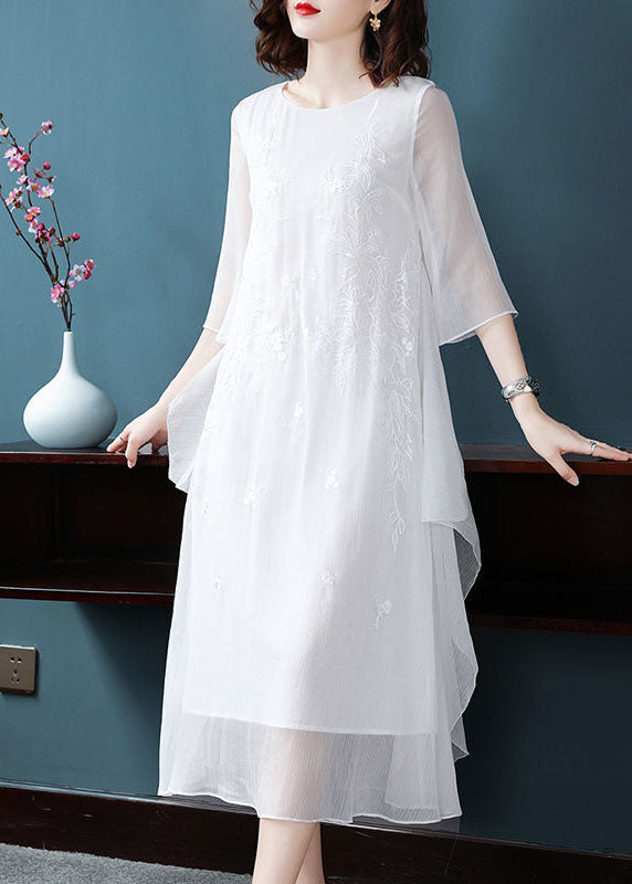 White Chiffon Long Dress Embroidered Asymmetrical Design Summer