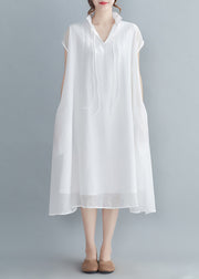 White Chiffon Long Dress Extra large hem Lace up Short Sleeve