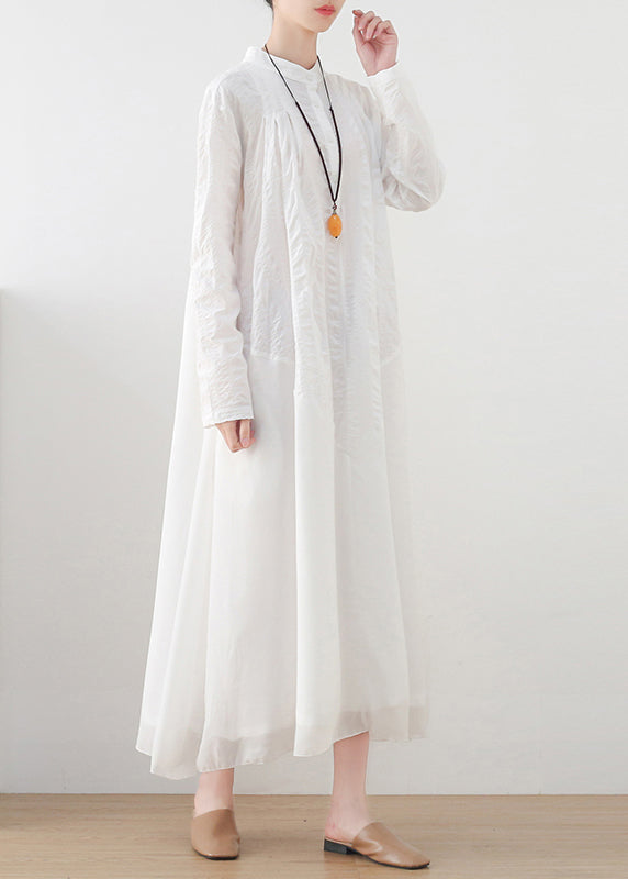 White Chiffon Patchwork Cotton Vacation Dresses Button Long Sleeve