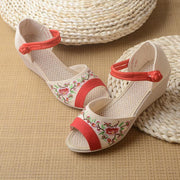 White Embroideried Sandals SplicingBuckle Strap Wedge Sandals - bagstylebliss