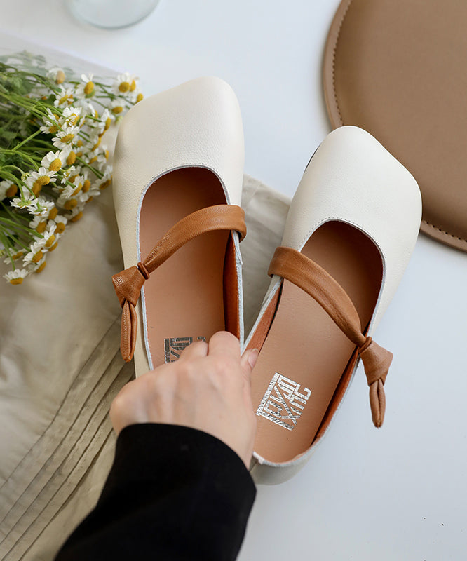 White Flats Cowhide Leather Unique Buckle Strap Flats