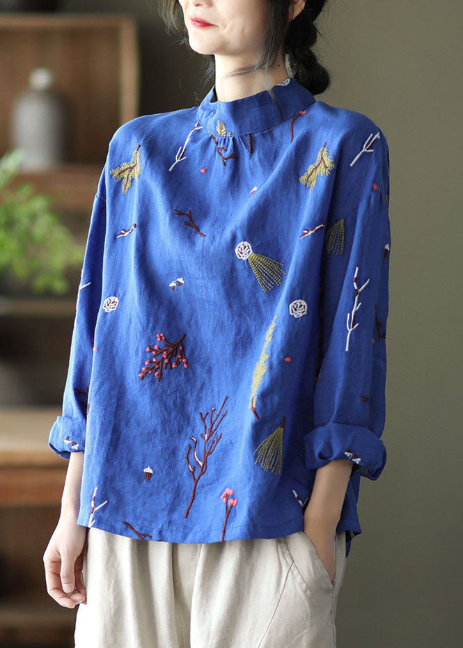 White Floral Linen Stand Collar Shirt Top Long Sleeve