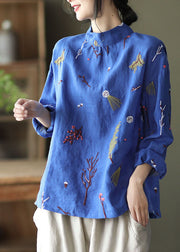 White Floral Linen Stand Collar Shirt Top Long Sleeve