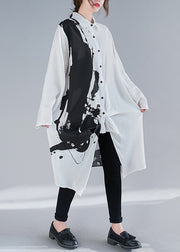 White Inkwash Painting Cotton Dress Asymmetrical Fall