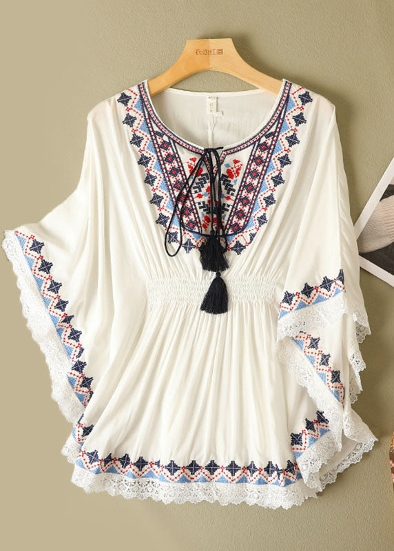 White Lace Patchwork Linen Cinch Shirts Embroideried Wrinkled Batwing Sleeve