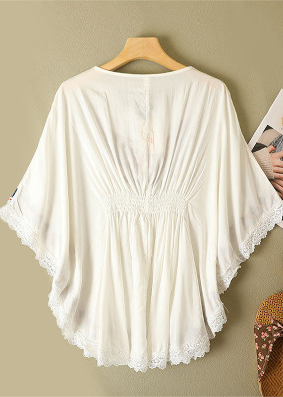 White Lace Patchwork Linen Cinch Shirts Embroideried Wrinkled Batwing Sleeve