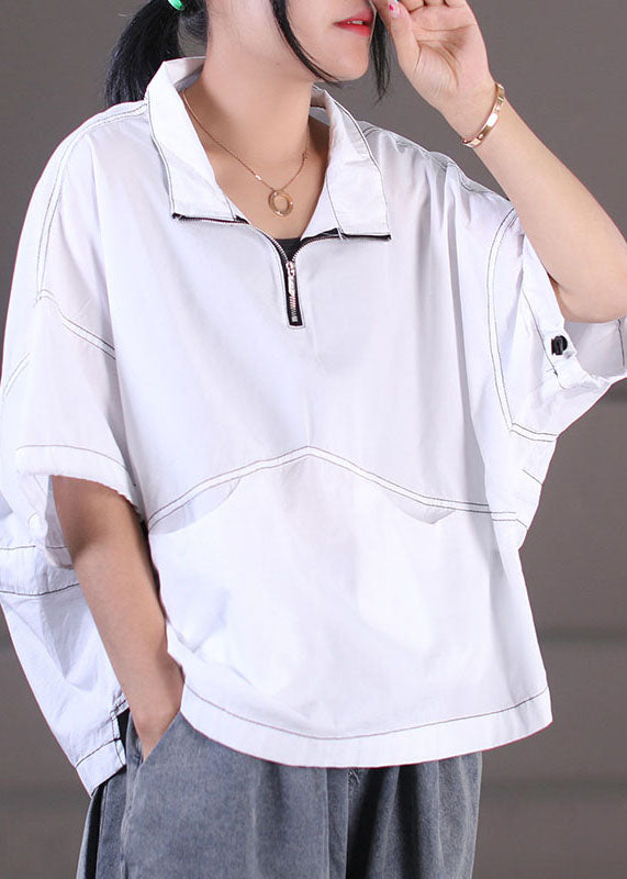 White Line Cotton Sweatshirts Top Stand Collar Drawstring Short Sleeve