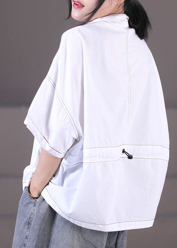 White Line Cotton Sweatshirts Top Stand Collar Drawstring Short Sleeve