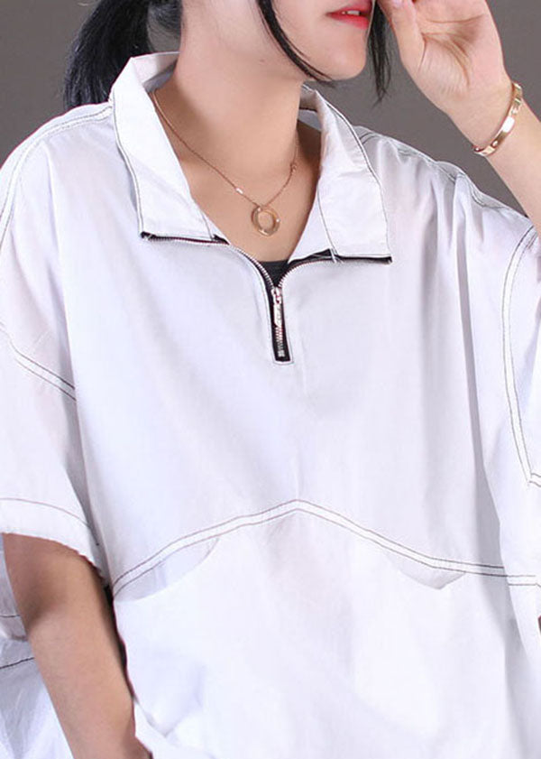 White Line Cotton Sweatshirts Top Stand Collar Drawstring Short Sleeve