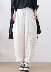 White Linen Harem Pants Wrinkled Asymmetrical Design Summer