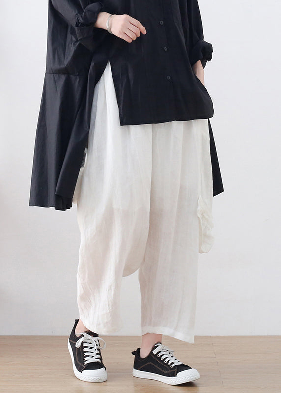 White Linen Harem Pants Wrinkled Asymmetrical Design Summer