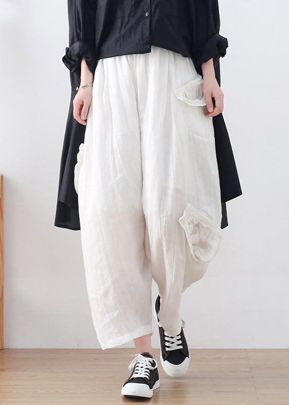 White Linen Harem Pants Wrinkled Asymmetrical Design Summer