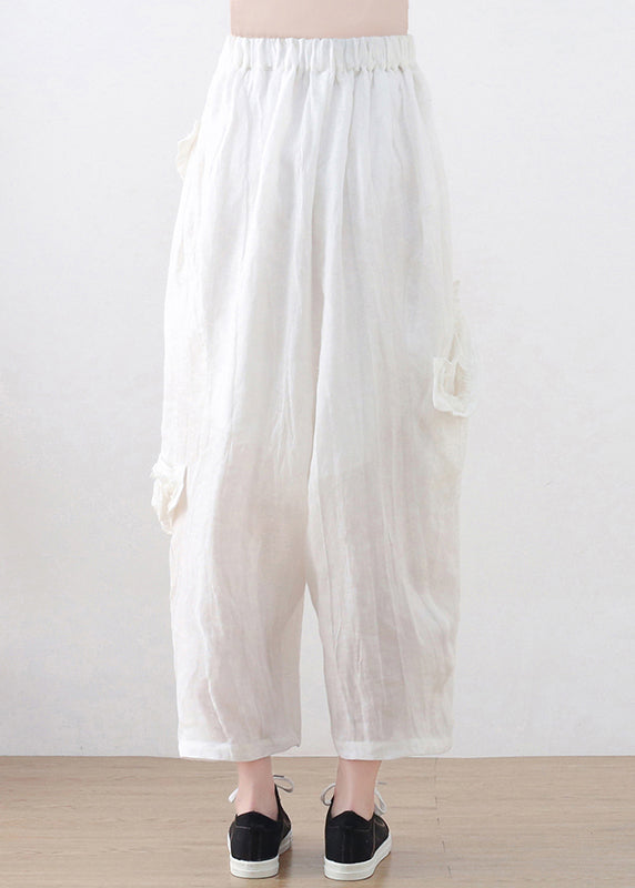 White Linen Harem Pants Wrinkled Asymmetrical Design Summer