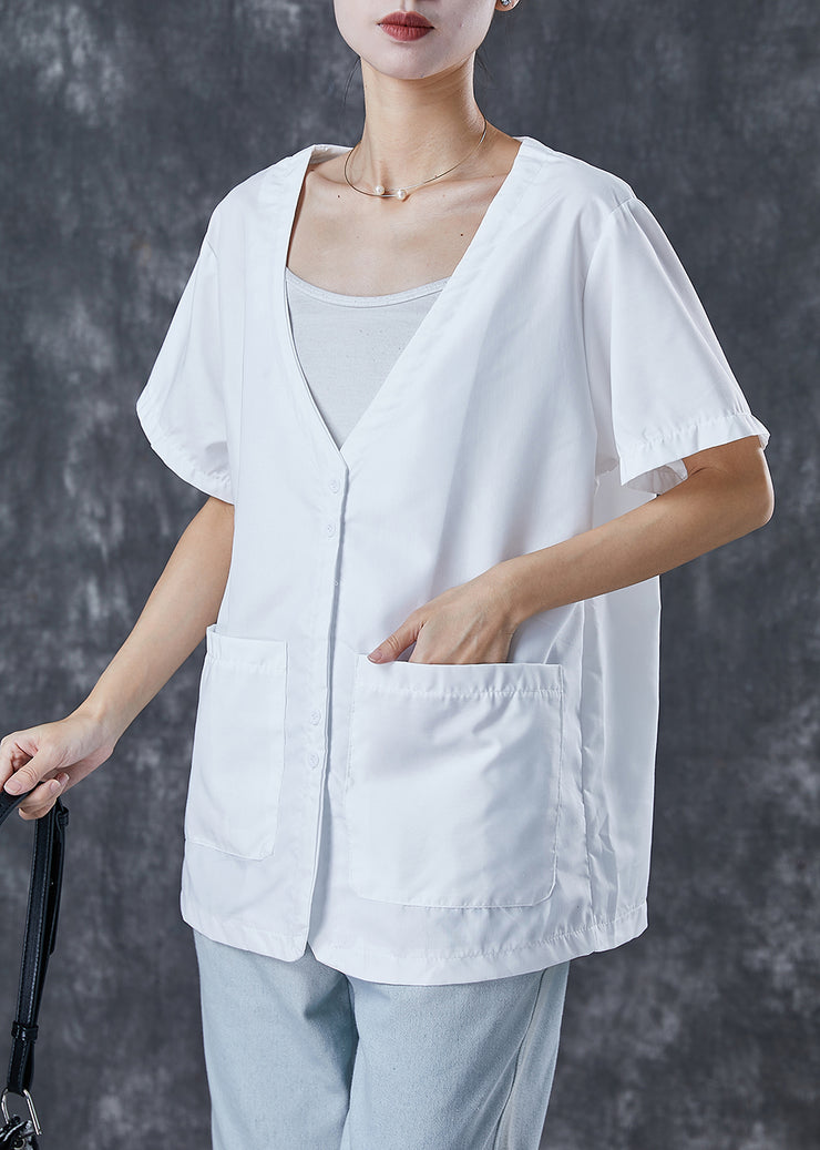 White Loose Cotton Blouses V Neck Pockets Summer