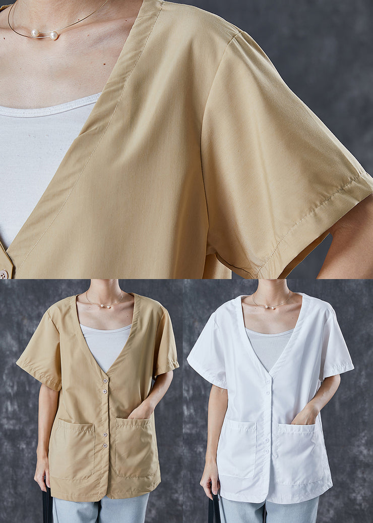 White Loose Cotton Blouses V Neck Pockets Summer