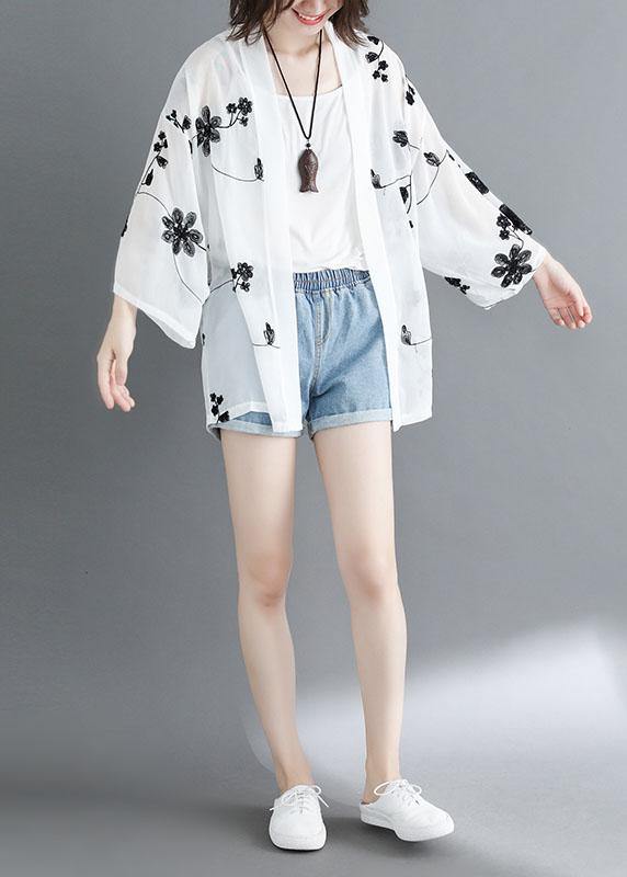 White Loose Embroideried Summer Cardigan Long Sleeve - bagstylebliss