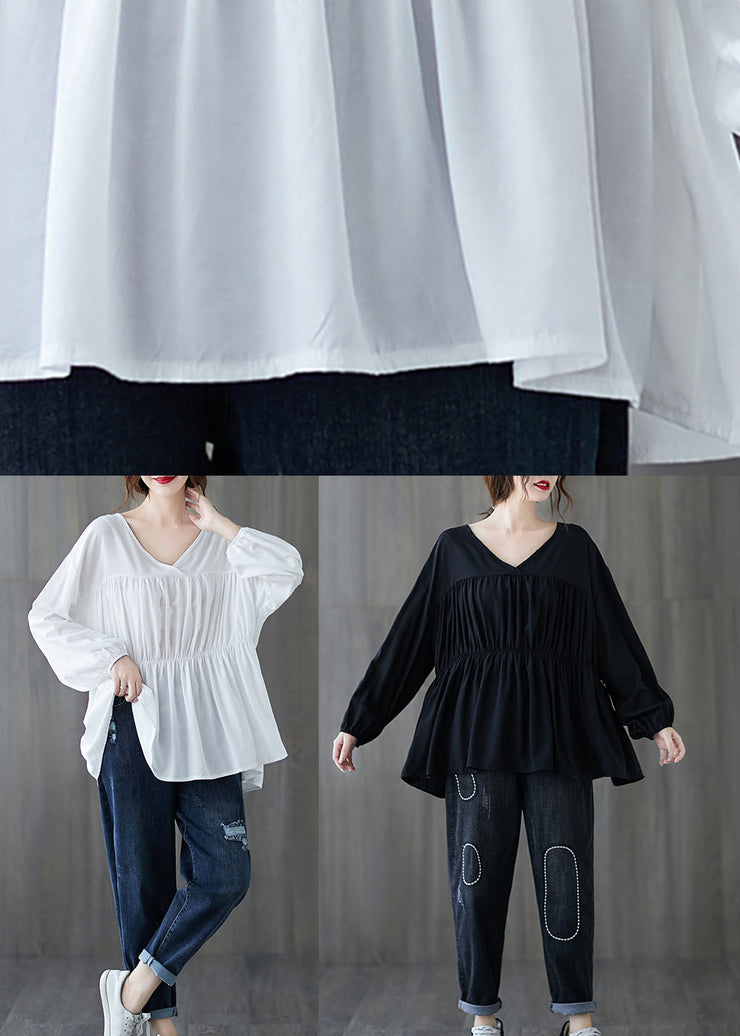 White Loose V Neck wrinkled Fall Long sleeve Shirt Top