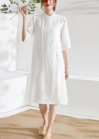 White Mandarin Collar Embroideried A Line Summer Ramie Holiday Dress Half Sleeve - bagstylebliss