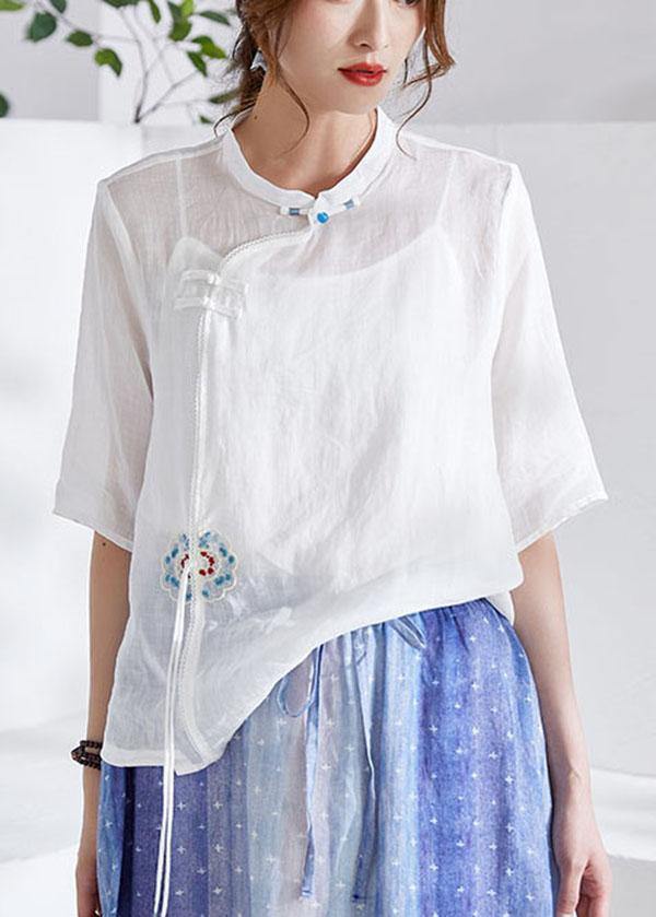 White Oriental Embroideried Summer Ramie Blouses Half Sleeve - bagstylebliss