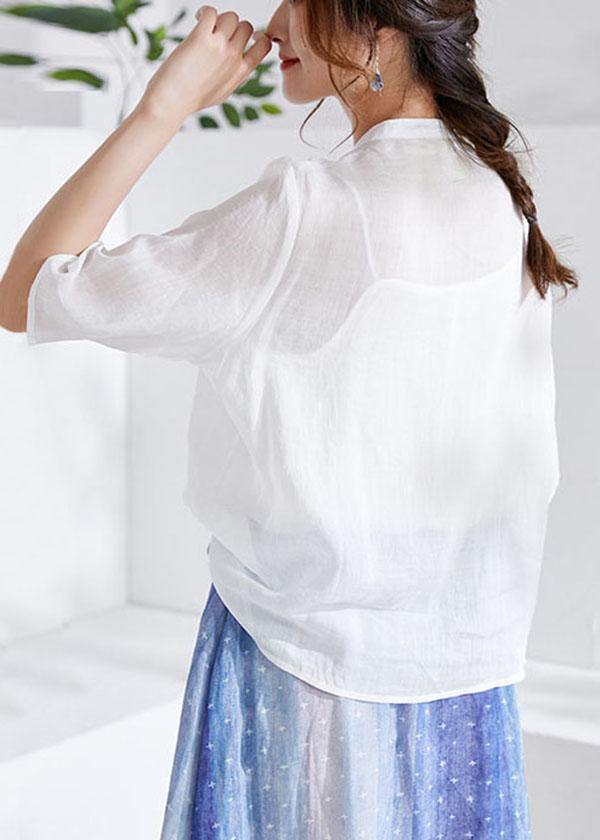 White Oriental Embroideried Summer Ramie Blouses Half Sleeve - bagstylebliss