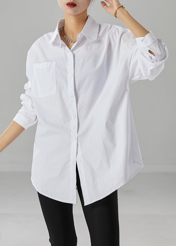 White Oversized Cotton Shirt Peter Pan Collar Pocket Fall