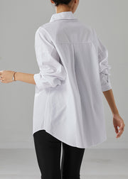 White Oversized Cotton Shirt Peter Pan Collar Pocket Fall