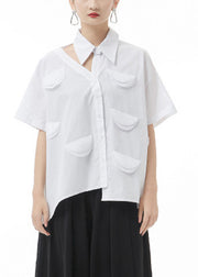 White Patchwork Blouse Tops Hollow Out Short Sleeve