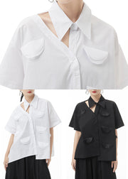 White Patchwork Blouse Tops Hollow Out Short Sleeve