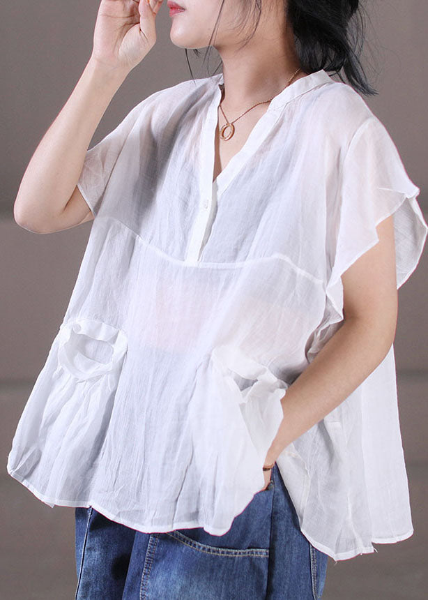 White Patchwork Cotton Linen Tanks V Neck Pockets Solid Color Short Sleeve