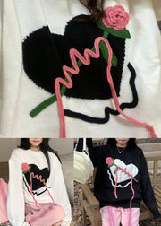 White Patchwork Cozy Knit Sweaters O Neck Floral Heart Fall