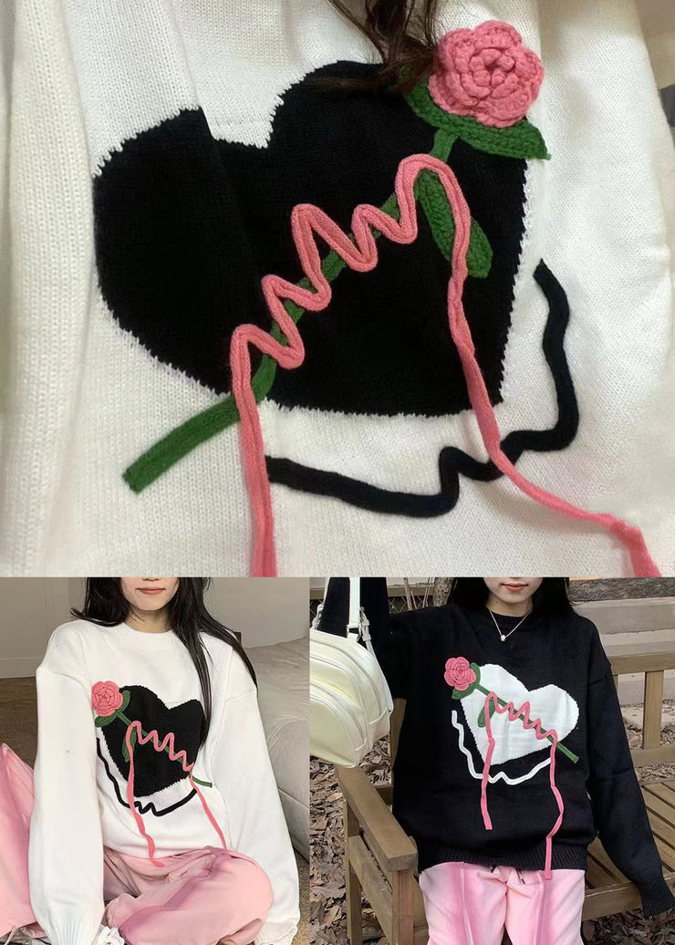 White Patchwork Cozy Knit Sweaters O Neck Floral Heart Fall