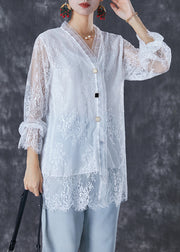 White Patchwork Lace Blouses Oversized Hollow Out Fall