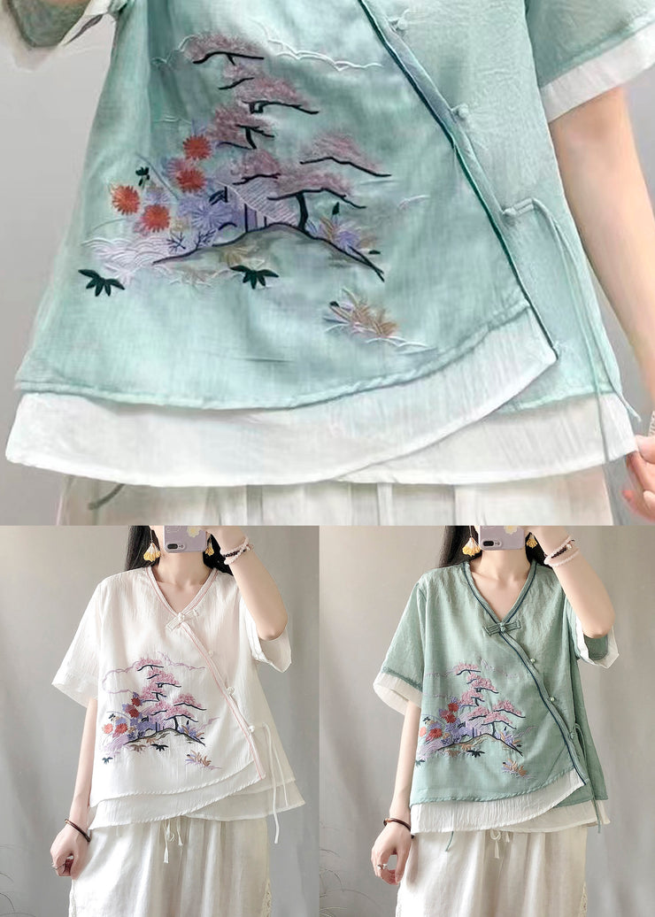 White Patchwork Linen Blouses Embroidered Chinese Button Summer