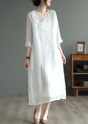 White Patchwork Linen Dresses V Neck Embroidered Bracelet Sleeve