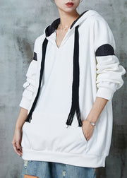 White Patchwork Warm Fleece Sweatshirts Top Oversized Drawstring Spring